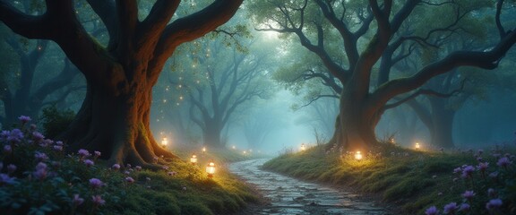 Poster - Enchanted Forest Path with Glowing Lanterns and Ancient Trees in a Magical, Mystical Setting