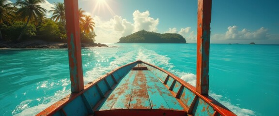 Poster - Old wooden boat sails on crystal clear waters toward a lush tropical island under a bright sun