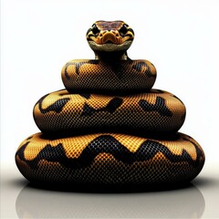 Poster - Captivating Burmese Python coiled elegantly on a reflective white surface, showcasing intricate patterns and striking colors in a