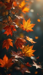 Fototapete - Autumn leaves shimmer in a dark forest, their vibrant orange hues creating a natural abstract, capturing the essence of fall.
