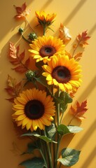 Poster - Autumnal Sunflower Symphony: A Vibrant Still Life of Golden Blooms and Fall Foliage on Warm Yellow Background