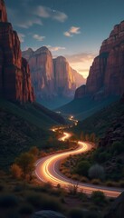 Poster - Serpentine Road Carves Through Majestic Canyon at Twilight, Illuminating the Natural Beauty of Towering Cliffs and Verdant Valley
