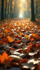 Aufkleber - Forest path covered in fallen leaves during autumn with golden sunlight filtering through the trees