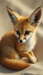 Poster - Adorable Fennec Fox Kit Portrait: Captivating Close-Up on Sand, Big Ears, Expressive Eyes, and Golden Fur in the Desert