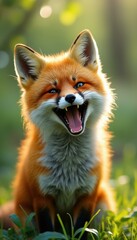Aufkleber - An expressive red fox captured in a sunny forest setting, displaying a cheerful open mouth, with detailed fur and blue eyes shinin