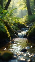 Poster - Stream through Sunlight Dappled Forest with Mossy Banks and Ferns - Calming Nature Scene