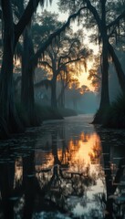 Poster - Mysterious swamp at twilight with moss-covered cypress trees and reflections in dark water, creating a serene and moody nature landscape