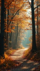 Aufkleber - Autumn Forest Trail with Sunbeams: A Serene Path Through Golden Leaves and Misty Light