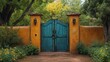 © paukan - Southwestern charm: Turquoise gate amidst vibrant stucco and lush foliage