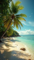 Poster - Tropical Paradise: Palm-fringed Beach with Turquoise Water and Blue Sky on a Sunny Day