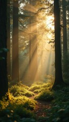 Poster - Enchanting Forest Path Bathed in Golden Sunlight with Towering Trees and Lush Green Undergrowth