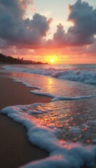 Poster - Warm golden sunset paints ocean waves on a pristine sandy beach, creating a tranquil and cinematic seascape at twilight.