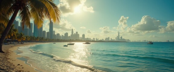 Poster - Tropical beach scene with palm trees, ocean waves, and distant cityscape under a bright sunny sky