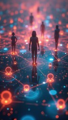 Poster - Futuristic Digital Network: Figures Connected in a Luminous Web of Data and Technology, Exploring Artificial Intelligence