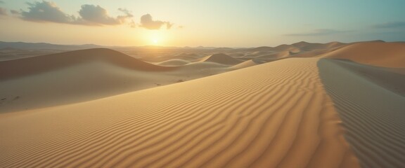 Poster - Golden sand dunes stretch to the horizon under a setting sun, creating a peaceful desert landscape with undulating waves and warm tones.