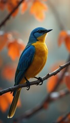 Poster - Vivid Blue and Yellow Bird Perched on a Branch Amidst Autumn Leaves