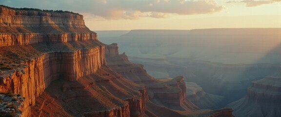 Poster - Grand layered canyon bathed in warm, hazy sunset light with dramatic rock formations and vast, panoramic vista