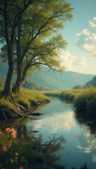 Poster - Tranquil river landscape with lush vegetation, trees, calm water reflecting the sky, and distant mountains creating a serene natural scene.