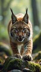 Poster - Lynx Prowling on Mossy Rock in Forest - Close-Up Portrait of Wild Cat with Intense Gaze and Sharp Teeth