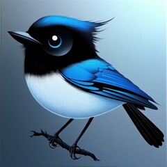 Poster - Vivid Illustration of a Blue and Black Gnatcatcher Perched on a Branch Against a Soft Blue Gradient Background