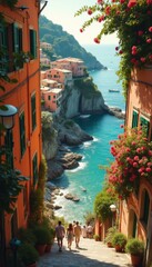 Aufkleber - Colorful Coastal Village Scene with Charming Architecture and Picturesque Ocean Views