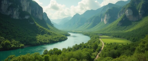 Poster - Panoramic view of a valley river surrounded by lush green mountains and cliffs under a bright, slightly cloudy sky