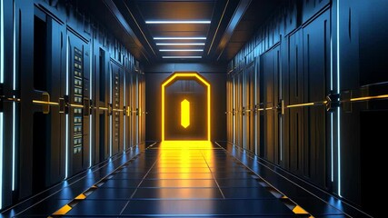 Poster - Futuristic server corridor with glowing neon light.