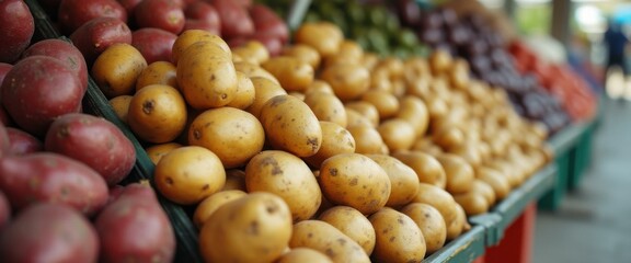 Poster - Fresh Potatoes and Produce Displayed at a Bustling Open-Air Market