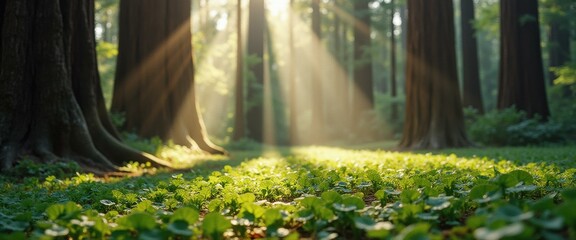 Poster - Sunlight streams through redwood forest illuminating clover meadow on forest floor
