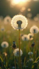 Poster - Dandelion Seed Head in Golden Sunlight: A Close-Up of Nature's Beauty