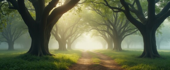 Poster - Enchanted forest path with ancient trees and ethereal light filtering through the canopy, creating a mystical, serene atmosphere