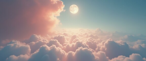 Poster - Dreamy panorama of soft, pink clouds illuminated by a full moon in a serene, starry sky