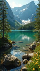 Aufkleber - Calm alpine lake reflecting towering mountains and a verdant forest under a clear blue sky