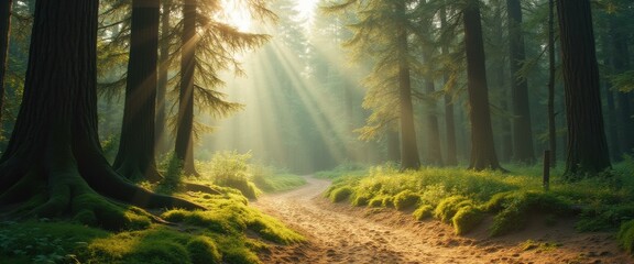 Aufkleber - Sunlight Through Trees Creates a Beautiful Path in a Dense Forest