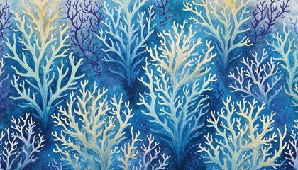 Poster - Elegant Watercolor Coral Reef Pattern with Vibrant Blues and Delicate Branching Structures