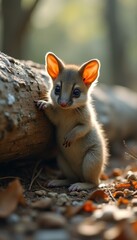 Aufkleber - Close up of a small furry animal with large ears standing next to a log and looking at the camera