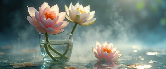 Aufkleber - Serene water lilies in a glass of water with delicate petals, tranquil atmosphere, and soft lighting
