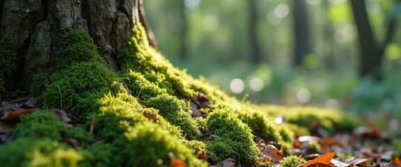 Poster - Sun-Kissed Moss Covering a Tree Trunk in a Lush Forest