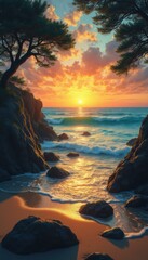 Aufkleber - Coastal Sunset: Azure Waves, Golden Light, and Rocky Cliffs in a Serene Seascape