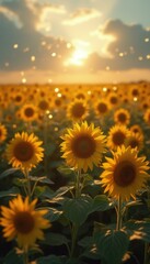 Poster - Radiant Sunflower Field at Sunset with Glistening Lights, Golden Hour Glow, Breathtaking Floral Landscape