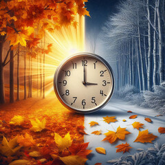 Poster - Seasonal change visual with realistic fall-to-winter transition and clock pointing one hour back