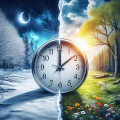 Poster - Changing time forward in spring with background split between winter snow and spring bloom and clock center