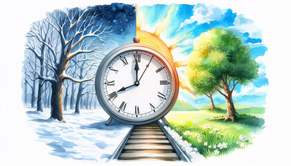Poster - Time change image showing seasonal shift with clock moving forward from 2 to 3 as winter turns into spring