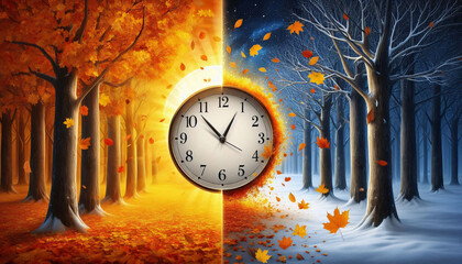 Poster - Realistic clock against background split between colorful autumn and cold winter forest to show time shift