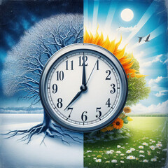 Poster - Visual representation of daylight saving time with half-frozen tree and half-green tree and moving clock hand
