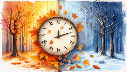 Poster - Realistic depiction of seasonal time change from autumn to winter with clearly illustrated nature and clock shift