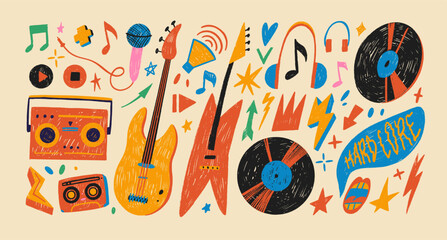 Poster - Crayon drawn punk retro music elements. Guitar, cassette, vinyl, music tape recorder and other doodle shapes. Hand drawn graphic vector scribbled rock and roll stickers. Vector y2k retro illustration.
