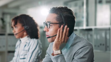 Poster - Call center, man and technical support in office with crm, communication and online consultant. Contact us, headset and male customer service, telemarketing or sales agent coworking for hotline