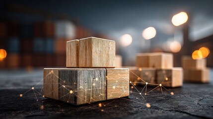 Poster - Wooden Blocks With Data Network and Logistics Visualization