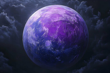 vibrant purple earth amidst a cosmic cloud scene.